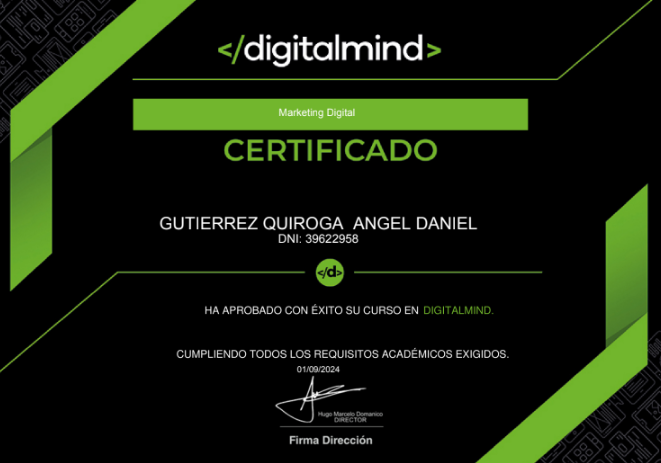 Certificado del curso de Marketing Digital