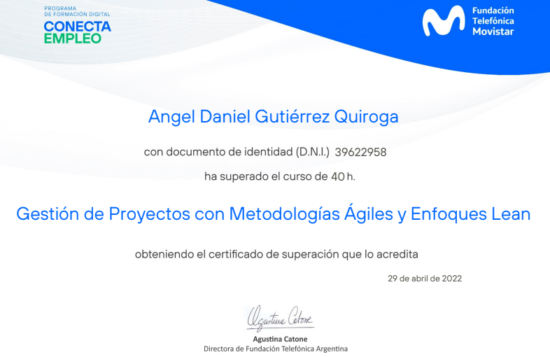 Certificado del curso de Metodologías Ágiles