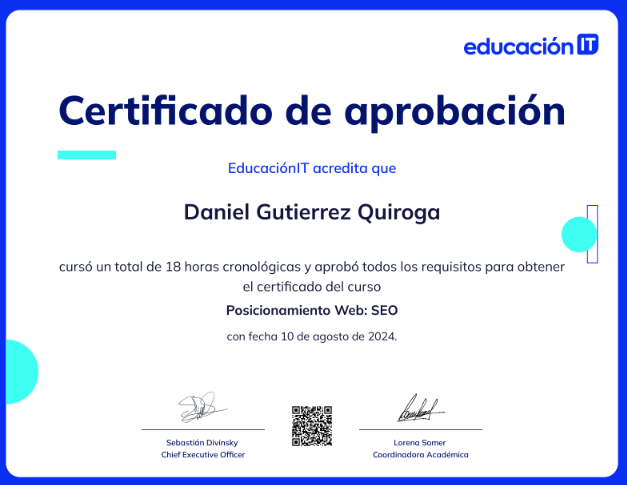 Certificado del curso de Posicionamiento Web SEO