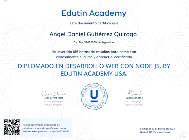 Certificado de finalización del curso Desarrollo Web con Node.js